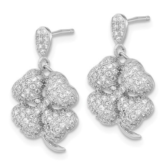 925 Sterling Silver & CZ Brilliant Embers 4-Leaf Clover Dangle Post Earrings - Picture 3 of 3